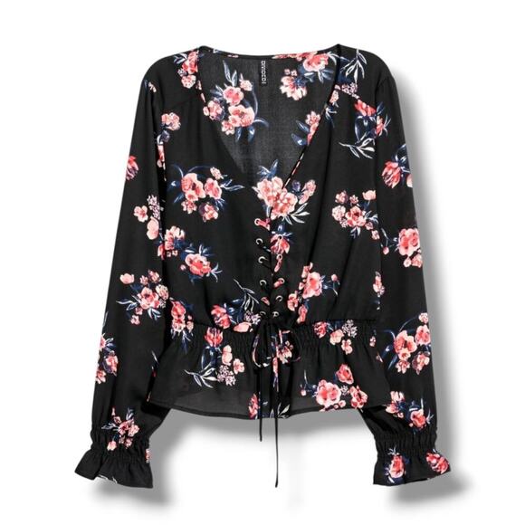 Divided Tops - Divided by H&M women's black floral long sleeves smocked lace up front Blouse